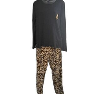 Lauren Ralph Laurent Pajamas Med 2 Pce Black Long Sleeve Top/Leopard Pants NWT